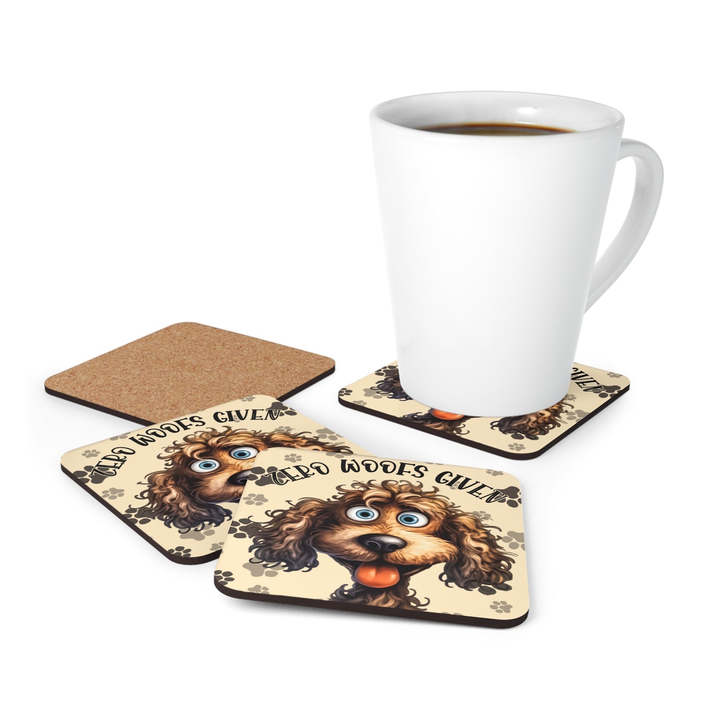 Smiling Dog - "Zero Woofs Given" Corkwood Coaster Set