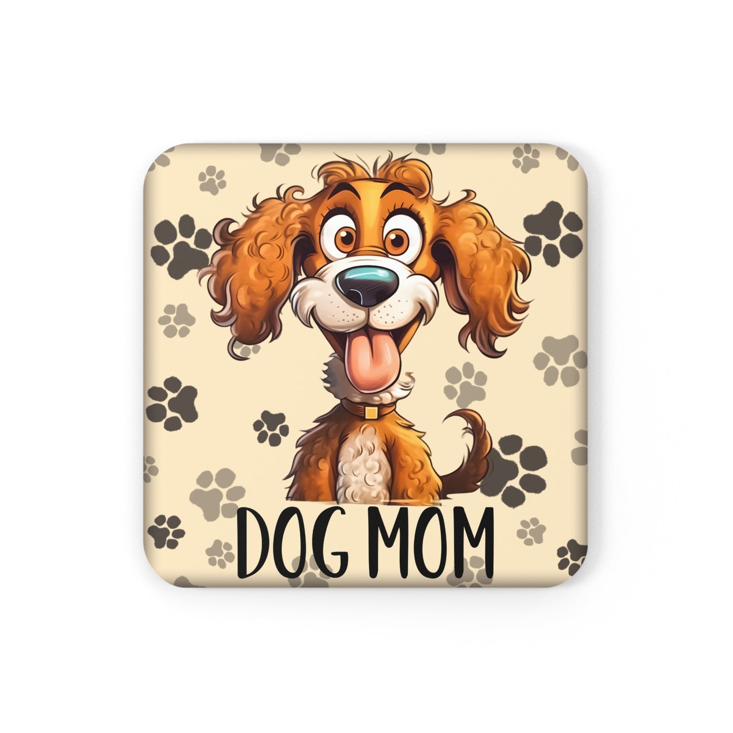 Smiling Dog - "Dog Mom" Corkwood Coaster Set