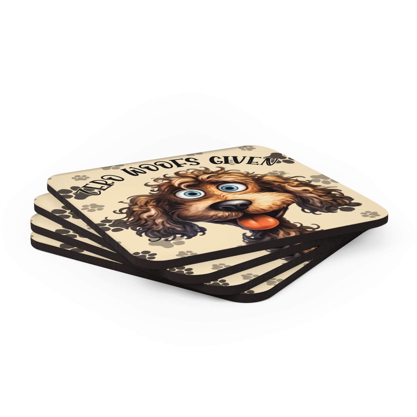 Smiling Dog - "Zero Woofs Given" Corkwood Coaster Set