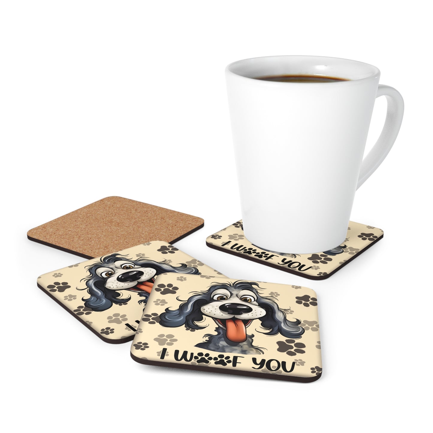 Smiling Dog - "I Woof You" Corkwood Coaster Set