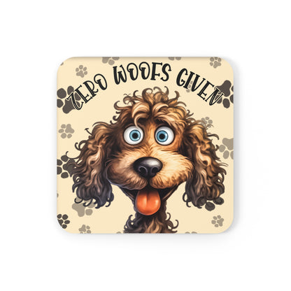 Smiling Dog - "Zero Woofs Given" Corkwood Coaster Set